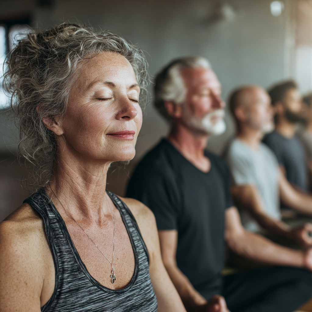 diverse group of mature adults practicing yoga together in peaceful studio