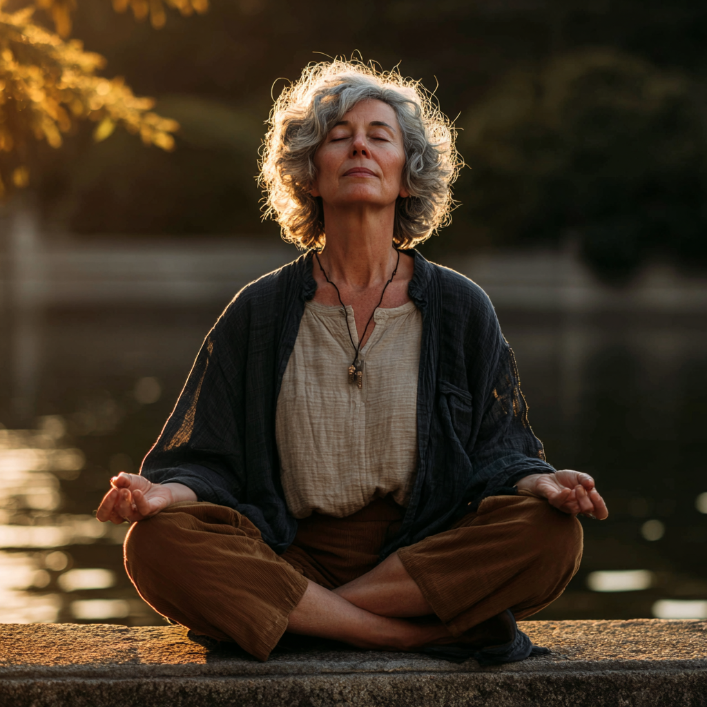 serene middle-aged woman practicing meditation in peaceful setting
